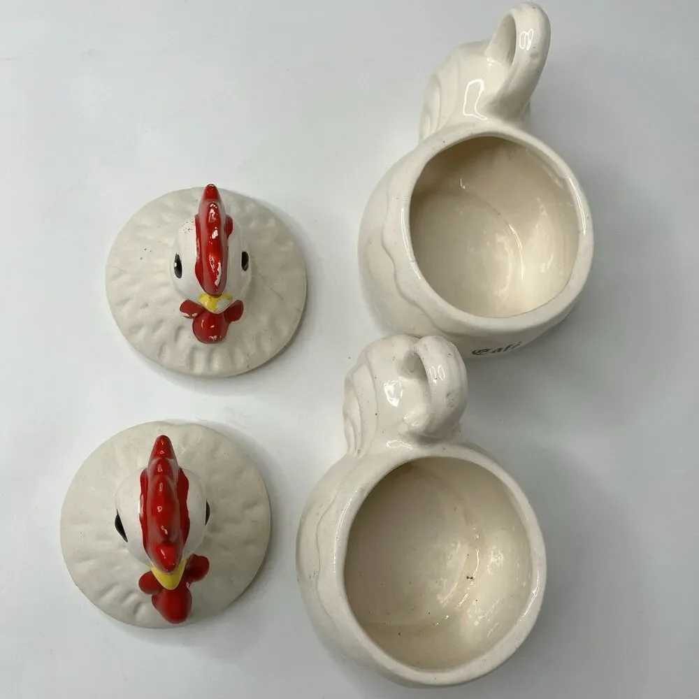 Vtg Rooster & Chicken Hen Coffee & Sugar Bowls Spanish Folk Art White Farmhouse